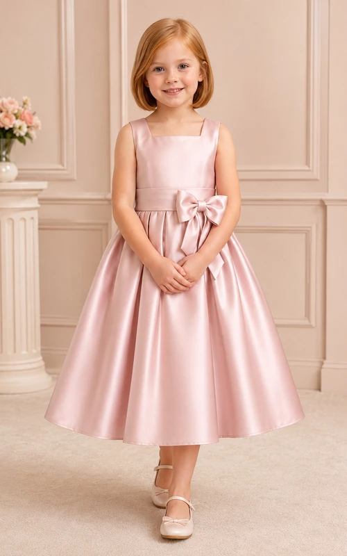 Ärmelloses, wadenlanges A-Linien-Kleid aus rosafarbenem Satin mit eckigem Ausschnitt und Schleife – perfekt für Blumenmädchen bei Gartenhochzeiten.