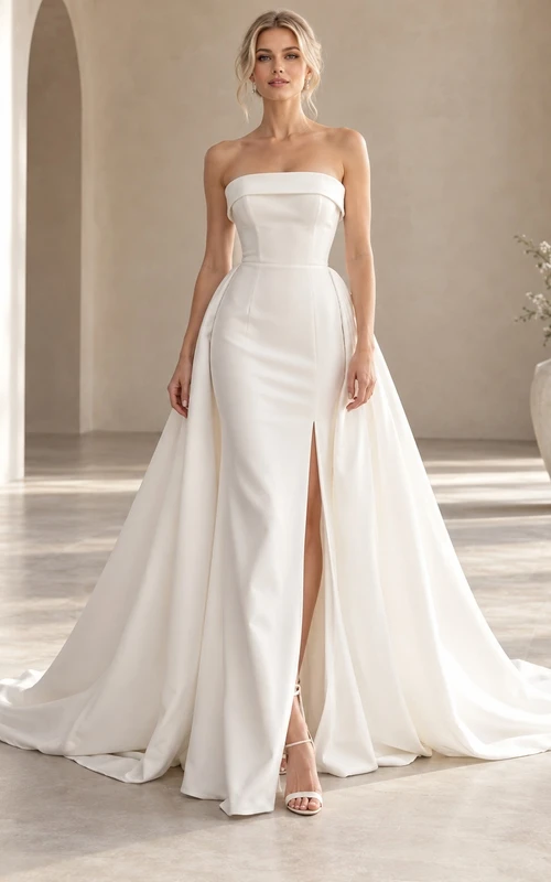 Simple Strapless Satin Split Skirt Court Train Wedding Dress