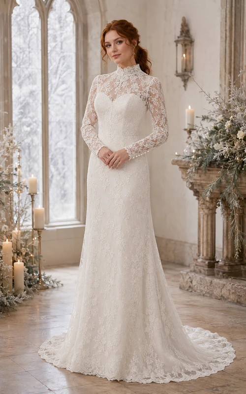 Robe de mariée fourreau en dentelle à col montant, style hiver modeste