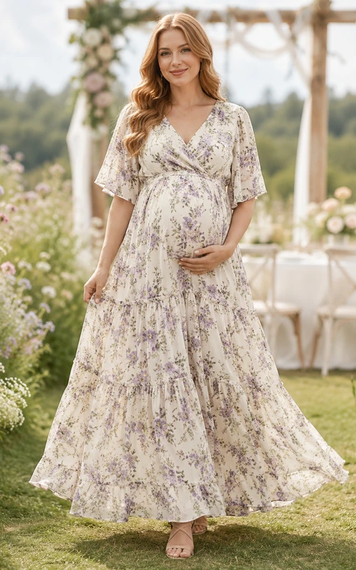 Robe longue de maternité à imprimé floral, idéale pour l'allaitement, avec col en V, manches papillon et volants.