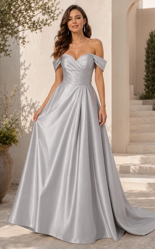 Robe de mariée bustier en satin gris acier, épaules dénudées, décolleté cœur, coupe trapèze, corset, style chapelle
