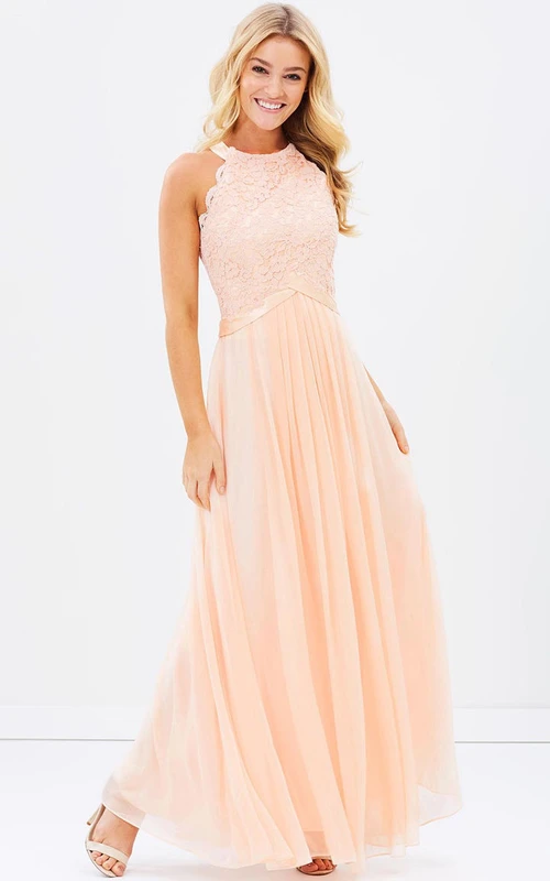 Ärmelloses, appliziertes Brautjungfernkleid aus Chiffon in Rosé mit Rundhalsausschnitt und Schleife