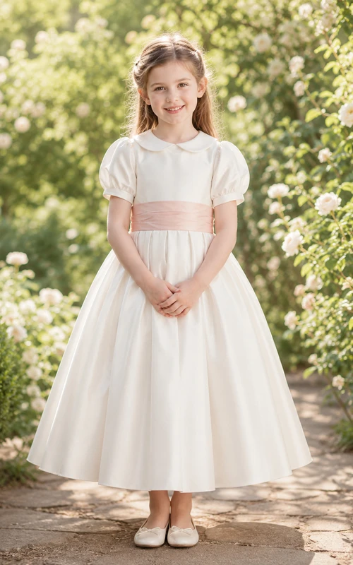 Vestido de niña de flores de satén color marfil con corte en A, mangas cortas abullonadas, escote joya y falda a la altura de la rodilla con detalles de lazos.
