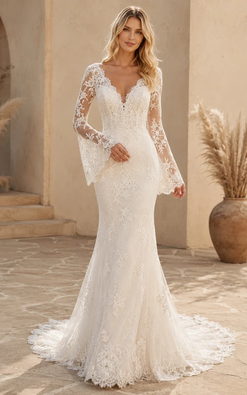 Robe de mariée modeste en dentelle et tulle, coupe sirène, col rond, manches longues et traîne chapelle.