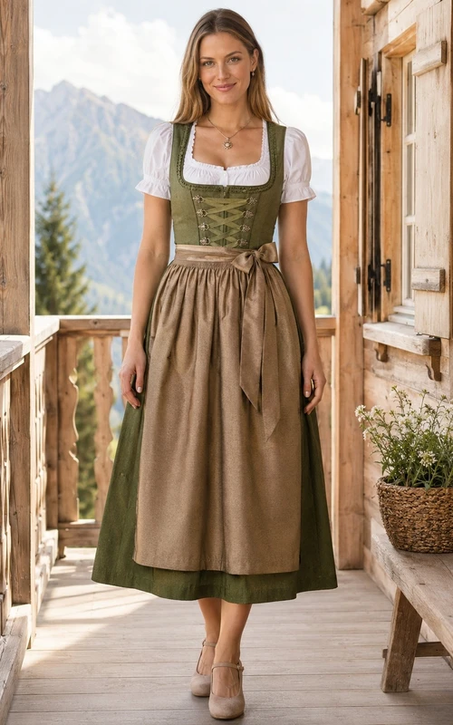 Country Vintage Dirndlkleid mit eckigem Ausschnitt, olivgrün, Teelänge, A-Linie