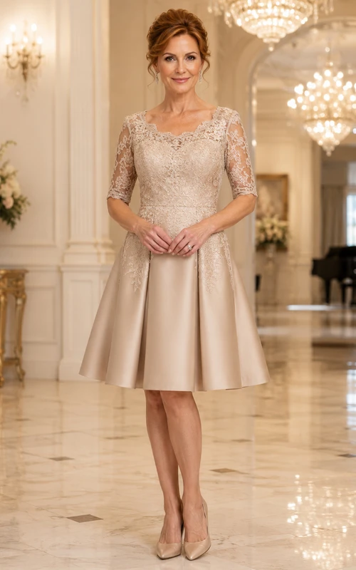 Champagne Vintage A-Line Knee-Length Mother of the Bride Cocktail Dress with Lace Bodice and Satin Skirt