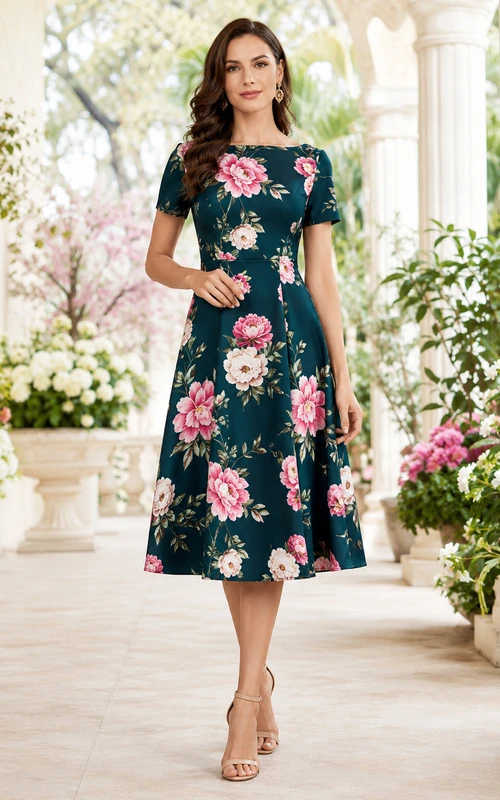 Teal floral short sleeve A-line botanical midi dress