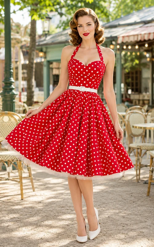 Robe de cocktail vintage rouge à pois, dos nu, sans manches, en satin, longueur thé