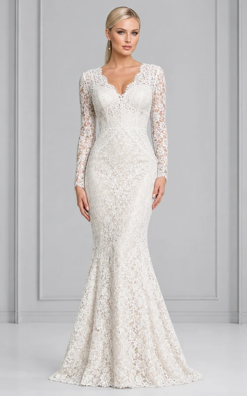Robe de mariée sirène élégante en dentelle à manches longues et décolleté en V illusion, pour réception