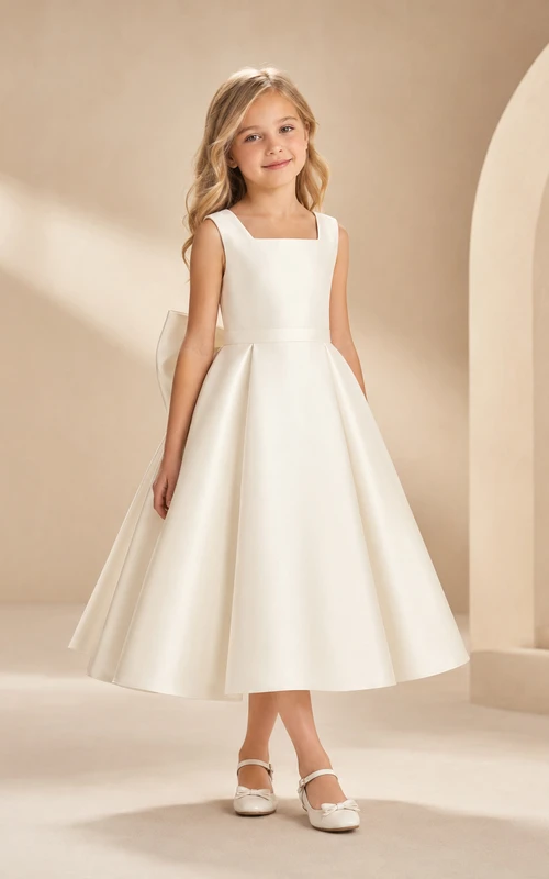 Modernes Blumenmädchen-Partykleid in A-Linie aus Satin mit eckigem Ausschnitt, ärmellos, teelang, mit Schleife