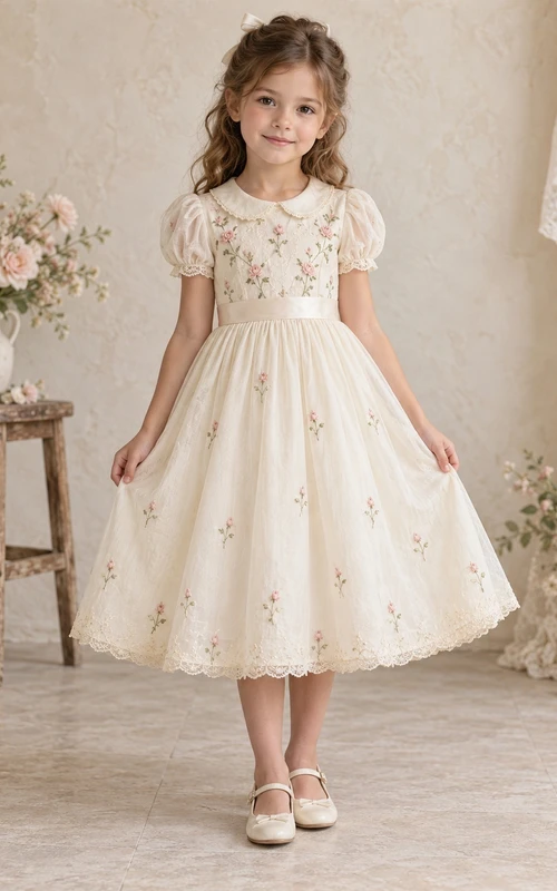 Vestido de niña de flores vintage de corte A, color marfil, con estampado floral, mangas abullonadas y cuello Peter Pan, hasta la rodilla.