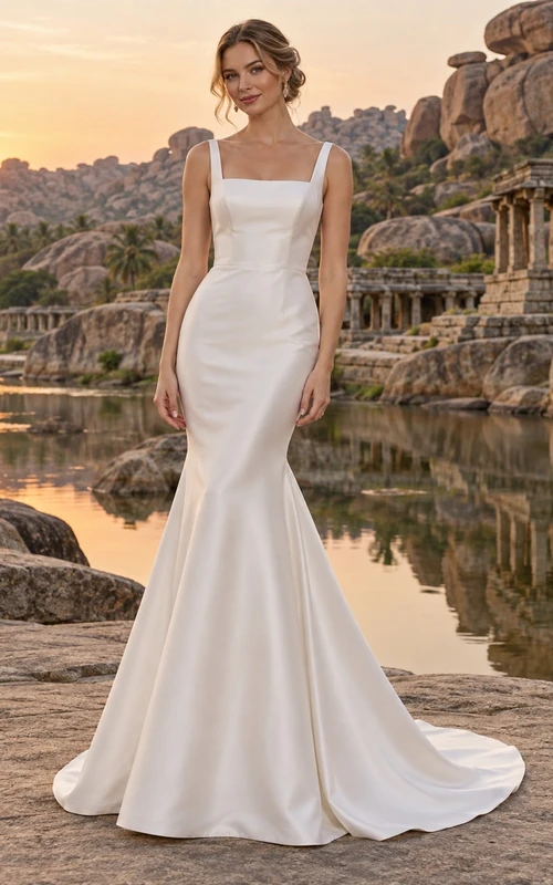 Schlichtes Brautkleid aus Satin mit eckigem Ausschnitt, Trägern und Meerjungfrauen-Schleppe