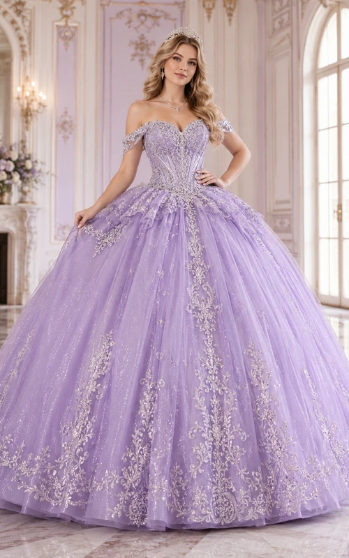 Vestido de princesa de quinceañera de tul bordado con escote corazón y hombros descubiertos, color lila plateado de lujo.