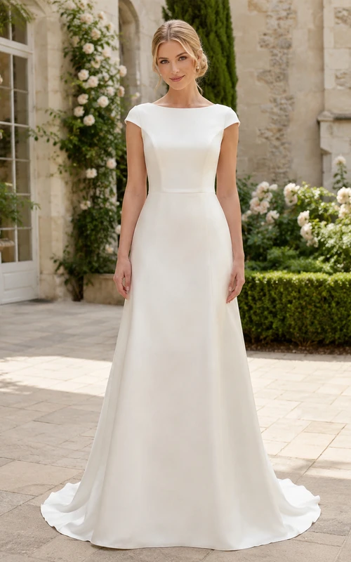 Robe de mariée en satin, coupe trapèze, col bateau, manches courtes, traîne.