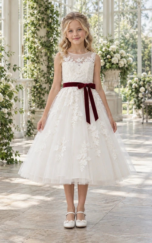 Vestido de niña de flores blanco, modesto, de corte A, con estampado floral y sin mangas, con fajín burdeos.
