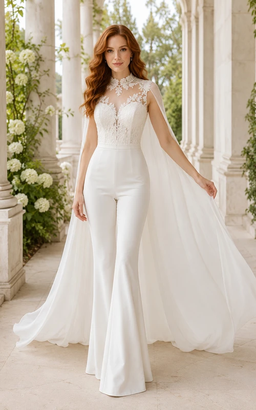 Combinaison de mariée blanche en dentelle avec corsage et traîne en mousseline.