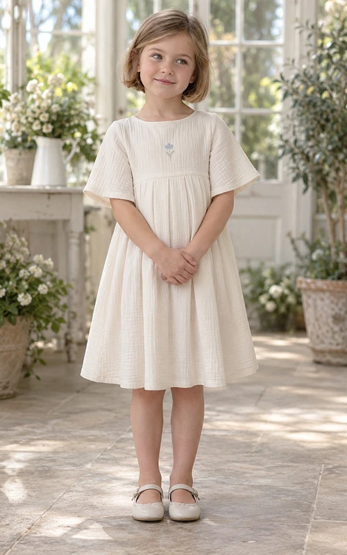 Simple Country Modest Cream Empire Blue-floral Jewel Half-sleeve Gathered Button-back Flower Girl Dress