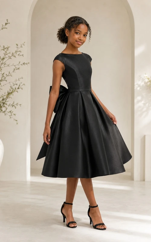 Schwarzes Brautjungfernkleid im A-Linien-Stil mit Strasssteinen, kurzen Ärmeln, Teelänge, Satinschleife, modern