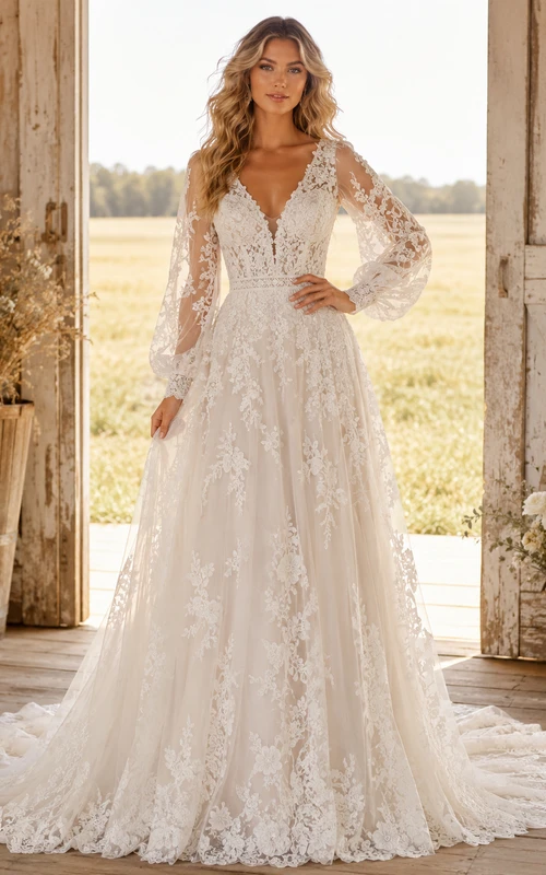 Robe de mariée champêtre en dentelle, coupe trapèze, col en V, manches longues, traîne chapelle