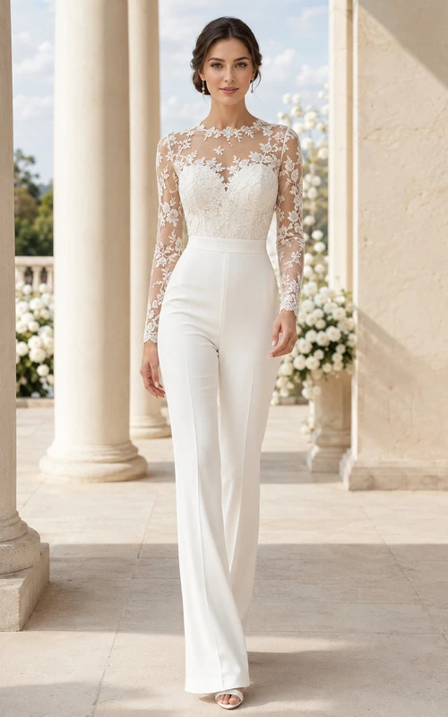 Romantic Floral Lace High Neck Long Sleeve Wide Leg Bridal Jumpsuit