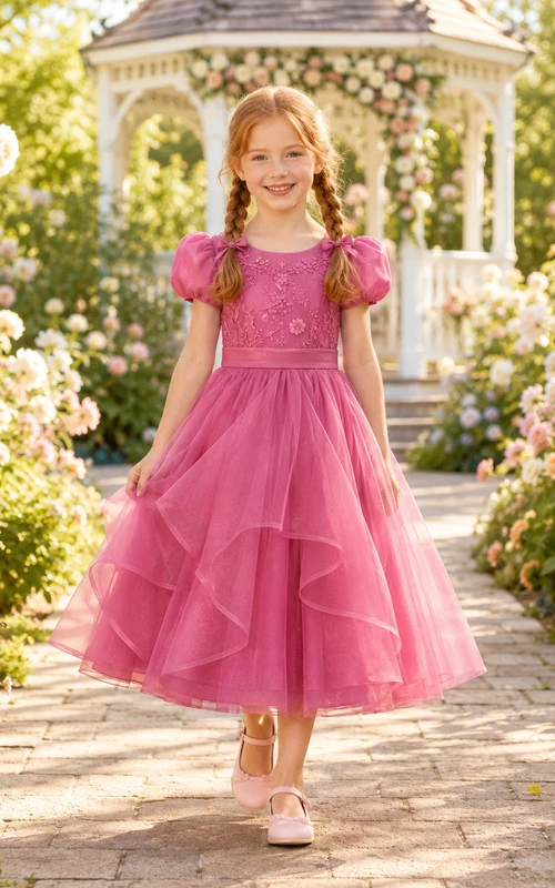 Robe de demoiselle d'honneur rose framboise en tulle superposé, coupe trapèze, manches bouffantes à volants et nœud.