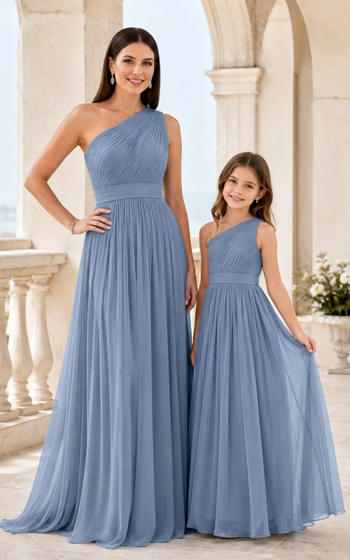 Slate Blue Mother-Daughter Chiffon One-Shoulder A-Line Floor-Length Dress