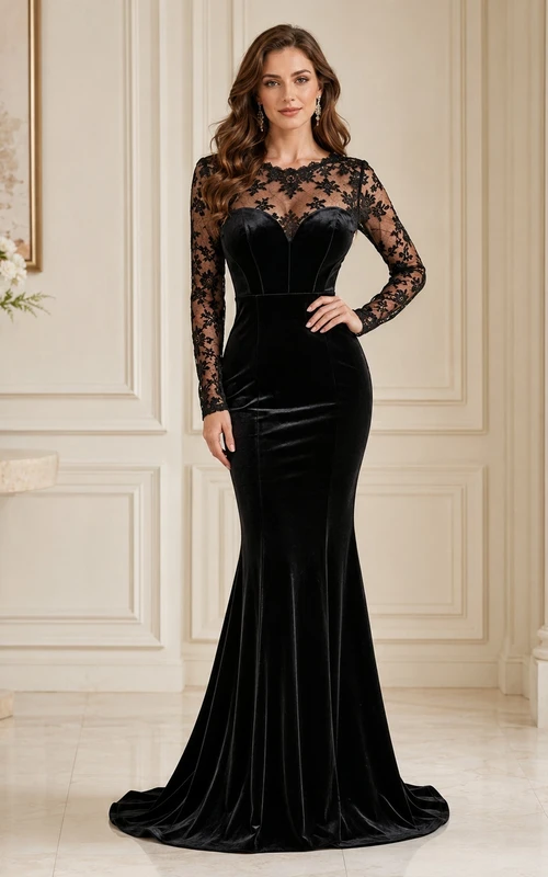 Black Velvet Lace High Neck Long Sleeve Mermaid Floor-length Sweep Train Evening Gown