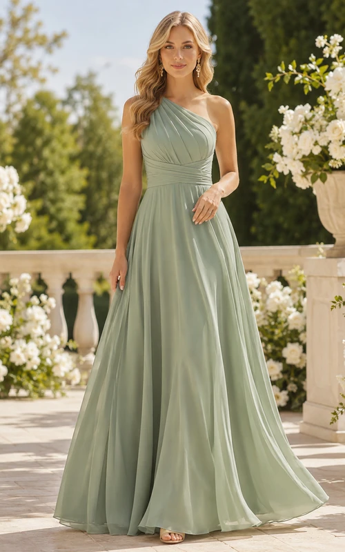 Robe de demoiselle d'honneur élégante en mousseline de soie Celadon Promenade, coupe trapèze, longueur au sol, une épaule, sans manches, robe longue en forme de A.