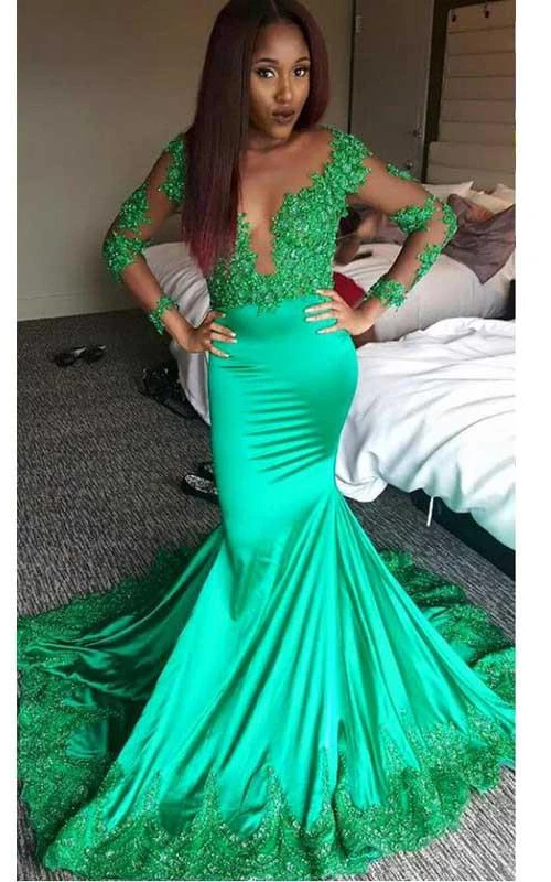 Meerjungfrauen-Trompetenkleid aus Satin, Spitze, V-Ausschnitt, langen Ärmeln, Reißverschluss und Illusionseffekt