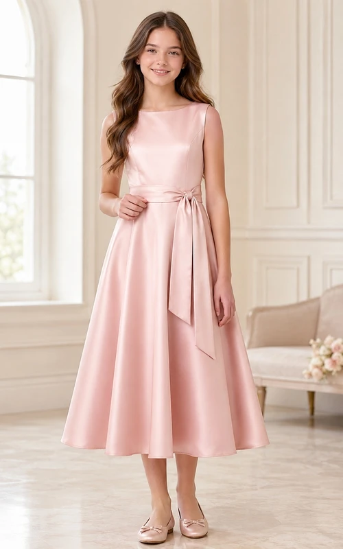 Elegantes, ärmelloses, rosafarbenes Satin-Brautjungfernkleid in A-Linie und Teelänge