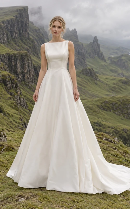 Vestido de novia sencillo y discreto de tafetán, corte en A, con escote barco y falda acampanada lisa.