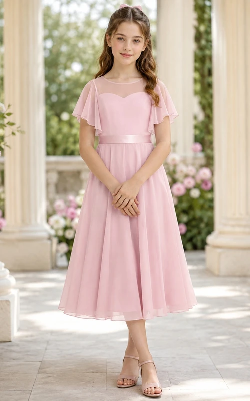 Vestido de dama de honor juvenil rosa caramelo, corte en A, largo midi, manga corta color joya, detalle de volantes, estilo romántico.