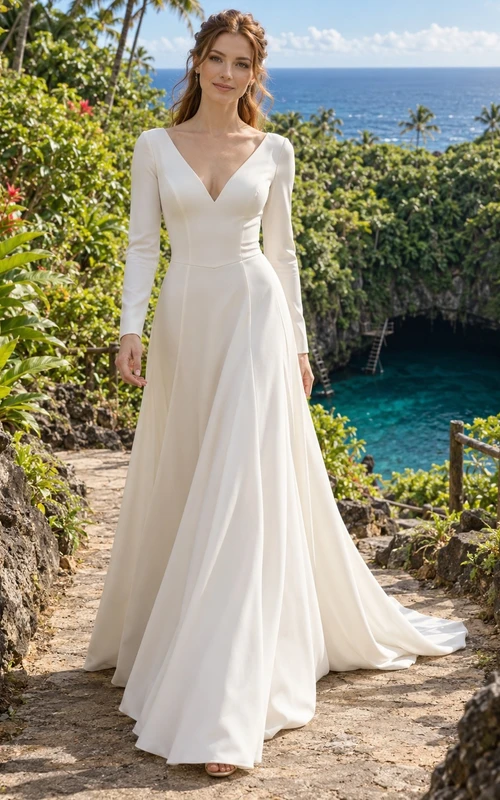 Schlichtes, langärmeliges, drapiertes Etuikleid mit V-Ausschnitt für Braut und Hochzeit