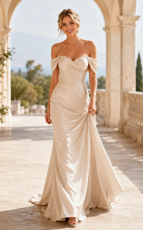 Robe de mariée fourreau en satin drapé à épaules dénudées et fente latérale, drapée sur le côté