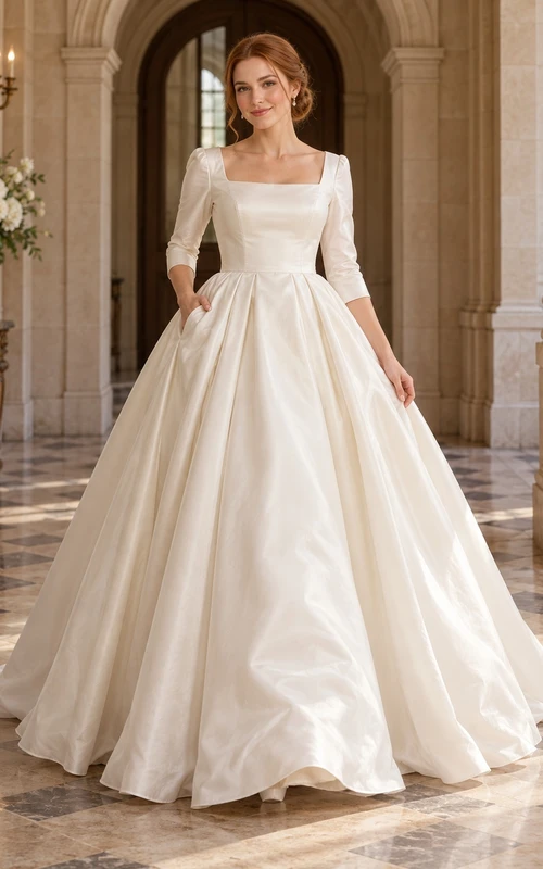 Modest Simple Square Neck Satin Half Sleeve Pleated Ball Gown Wedding Dress