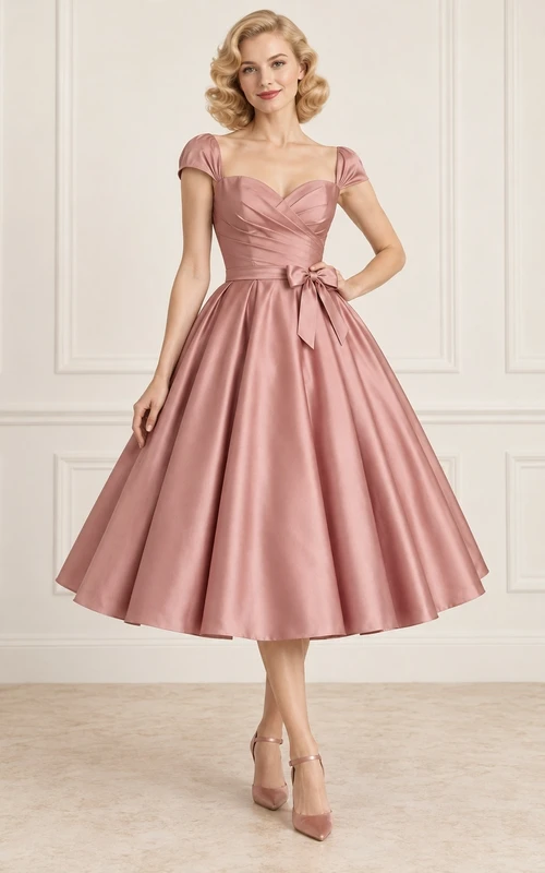 Vestido de dama de honor vintage color rosa empolvado, largo hasta la rodilla, escote corazón, mangas cortas y satén fruncido.