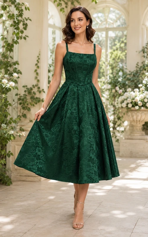 Dunkelgrünes, eckiges Spaghettiträgerkleid mit Blumenbrokatmuster, A-Linien-Schnitt und Teelänge im Vintage-Stil