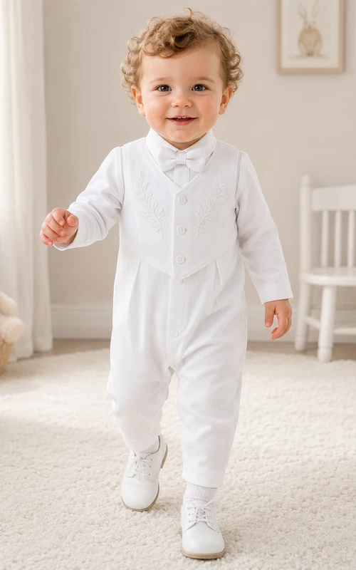 White Long Sleeve Button Front Christening Footless One Piece for Baby Boy
