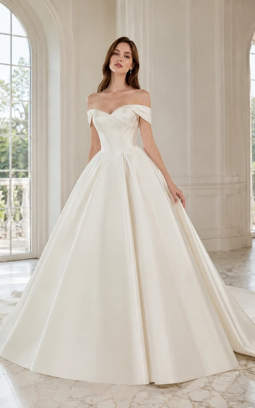 Robe de bal élégante en satin drapé à épaules dénudées et traîne chapelle