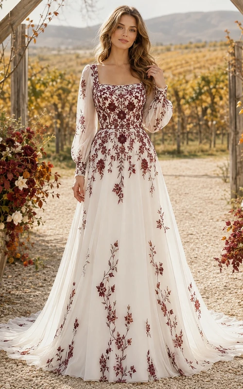 Burgunderrotes Brautkleid im A-Linien-Schnitt mit eckigen, langen Ärmeln und Schleppe im Boho-Stil