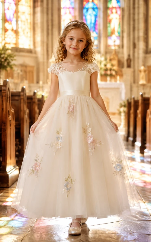 Flower Girl Dress A-Line Cream Floral Tulle Puff Sleeve Church Ceremony