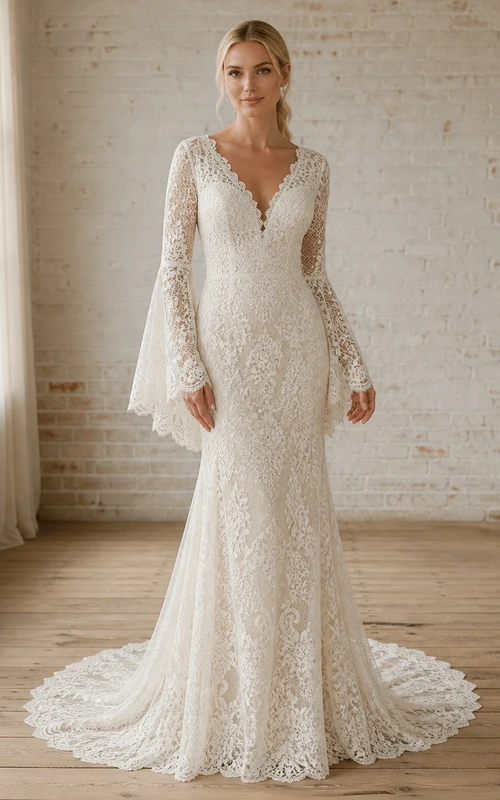 Vestido de novia bohemio de sirena con escote en V y mangas largas, largo hasta el suelo, con volantes festoneados.