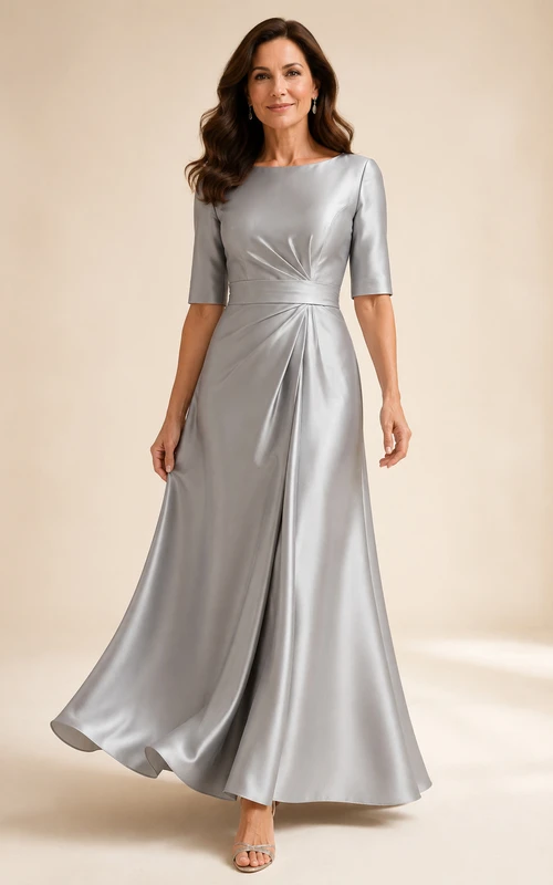 MOB-Kleid aus silbernem Satin, A-Linie, halblang, mit U-Boot-Ausschnitt, bodenlang mit Schlitz