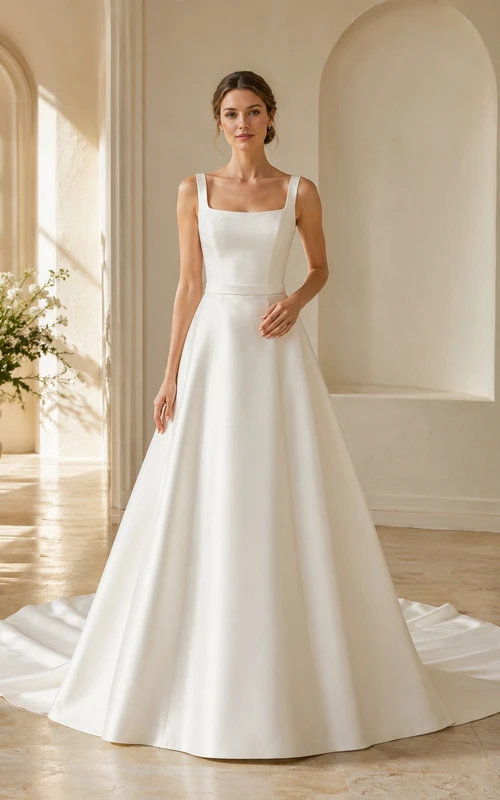 Robe de mariée moderne en satin, sans manches, coupe trapèze, style chapelle, minimaliste, classique, dos nu en U, longueur au sol