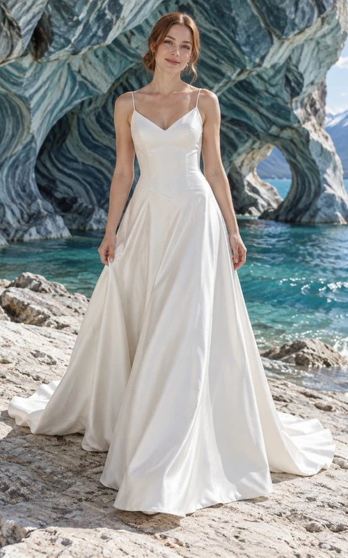 Sencillo vestido de novia de satén con escote en V, corte en A, tirantes finos y cintura puntiaguda.