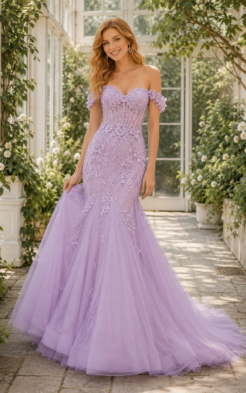 Robe de bal sirène en tulle lavande à épaules dénudées avec appliques, idéale pour les soirées de bal et les réceptions formelles.