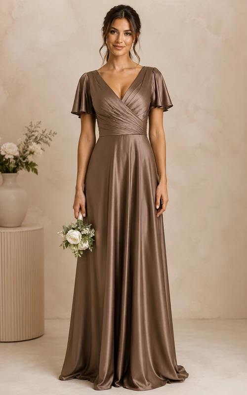 Taupe Satin V-neck A-Line Bridesmaid Dress