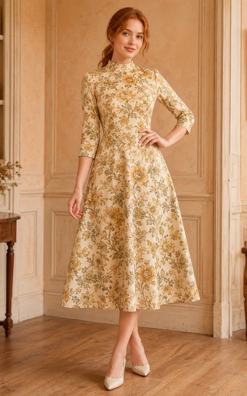 Vestido de manga tres cuartos con cuello alto y estampado floral de Golden Wallpaper