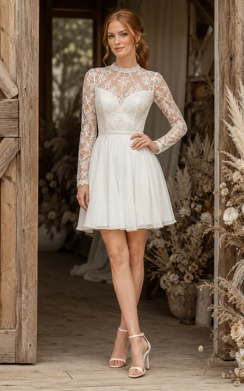 Robe de mariée courte à col bateau, manches longues en dentelle et jupe en satin