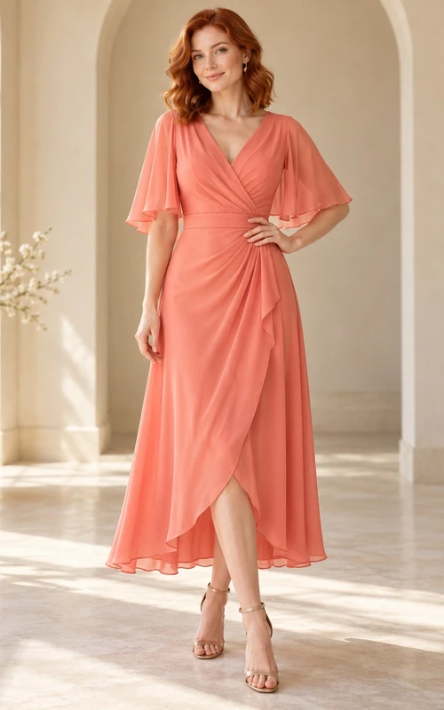 Coral Wrap V Elbow Cape Sleeve Ankle Wedding Guest Dress